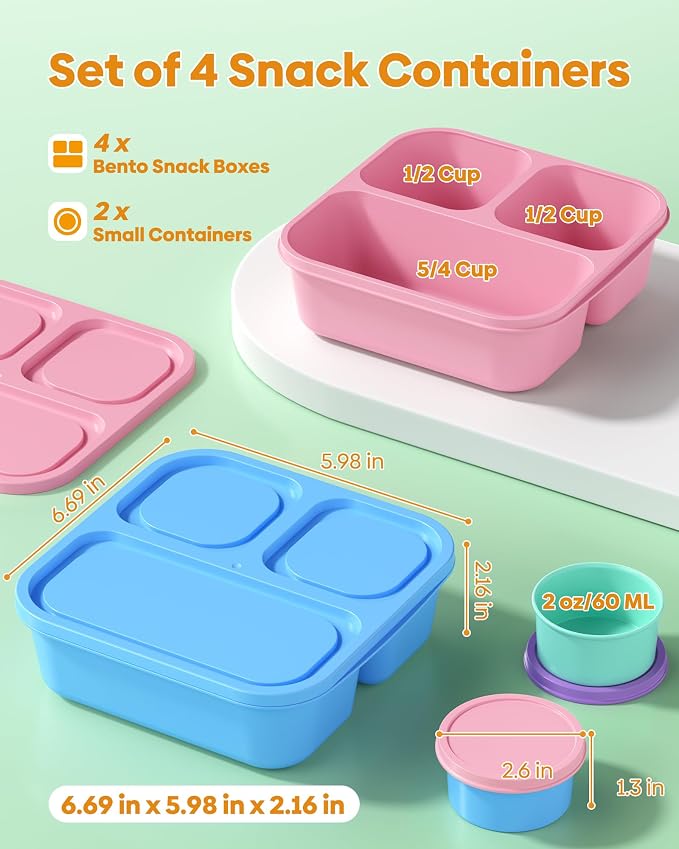 Canfanni 4 Pcs Bento Box Set, Reusable 3 Compartments Snack Boxes with 2 Leakproof Small Containers, Stackable Meal Prep Lunch Containers for School, Work, and Travel