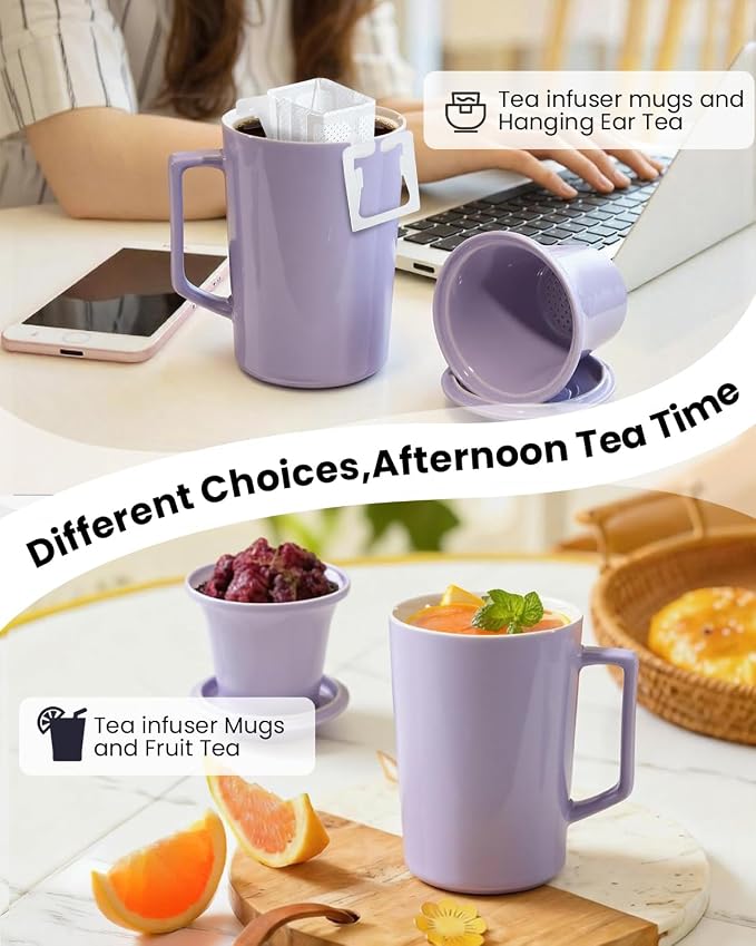 15 OZ Ceramic Tea Cup with Infuser and Lid,Tea Mug with All-Porcelain Strainer for Loose Leaf Teas,Microwave and Dishwasher Safe,Metal-Free,BPA-Free for Tea-Lovers,Birthday (Purple)