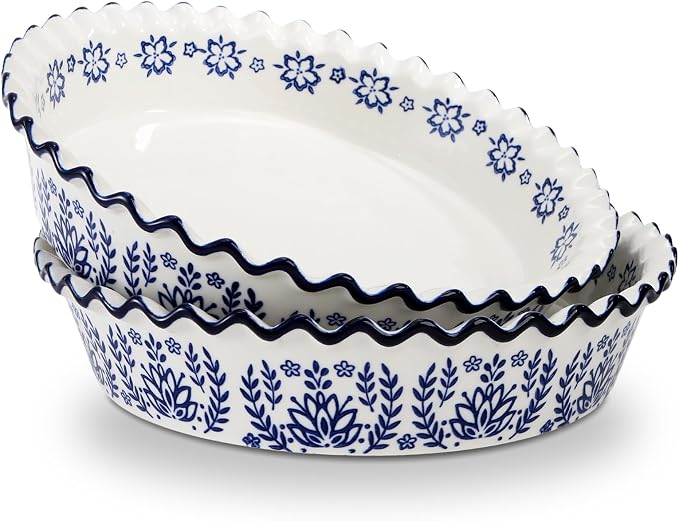 SOUJOY 2 Pack Ceramic Pie Pans for Baking, 10 Inch Pie Plates with Ruffled Edges, Deep Round Baking Dishes, Non-Stick Bakeware for Quiches Tarts Casseroles, Oven Microwave & Dishwasher Safe