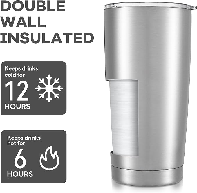 20 oz Tumbler with Lid Stainless Steel Insulated Tumblers Bulk Cups Mug | Double Wall Vacuum, Powder Coated, Keep Drinks Cold and Hot, Waterproof Lid, Fit of Car Cup Holders, Stainless, 8 Pack