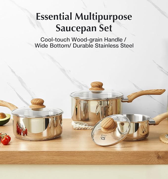 KOCH SYSTEME CS Stainless Steel Pots, 6 Piece Sauce Pan Set with Lids, 1QT, 2QT, 3QT Stainless Steel Saucepan with Cool-Touch Handles, 5-layers Base Pots, Induction Compatible Sauce Pan, Pot Set
