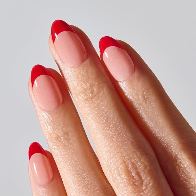 ohora Gel Press On Nails | Red, French, Medium Oval | Scarlet French | Salon-Quality, 100% Real Gel, No UV Lamp, No Glue, Non-Toxic | 15 Sizes, 30 Tips | Long Lasting press ons, K beauty nails