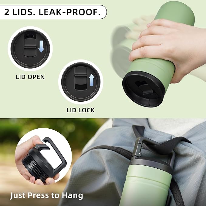 BJPKPK 20 oz Insulated Travel Water Bottle, Coffee Tumbler Stainless Steel | Double Wall Vacuum, Leakproof, Thermal, Keeps Hot/Cold, Dishwasher Safe, Spill Proof, Wide Mouth, 2 Lids, Forest Green