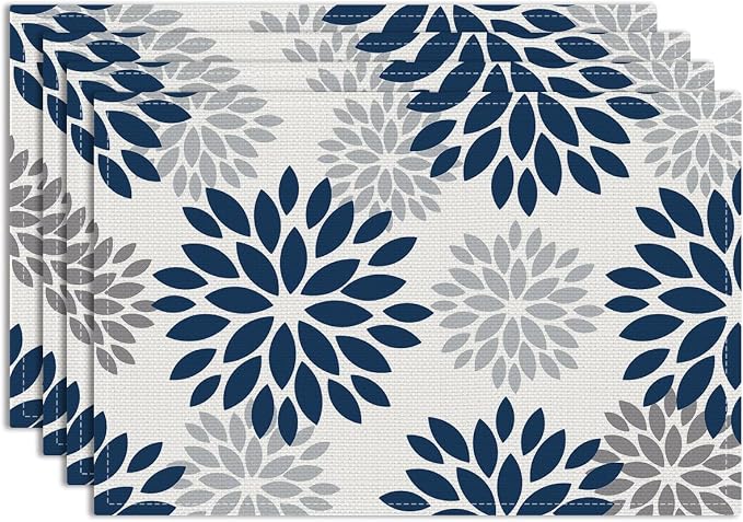 Floral Vinyl Placemats Set of 4, Housewarming Gift for Women Mom | Flowers Table Mats Heat Resistant Table Mats for Party Kitchen Dining Table Decor Festivals Christmas Birthdays