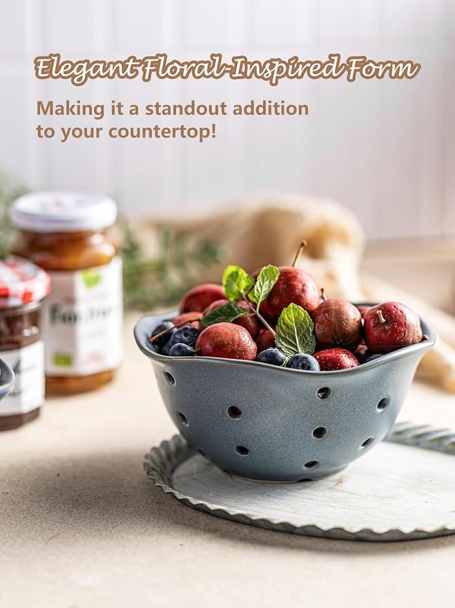 Gomakren Ceramic Berry Basket Set of 2, Elegant Fruit Bowl with Holes for Kitchen Counter, 6 Inch, Berries, Strawberry, Grape, Cherry, Floral Shape, Slate Blue, Dishwasher Safe