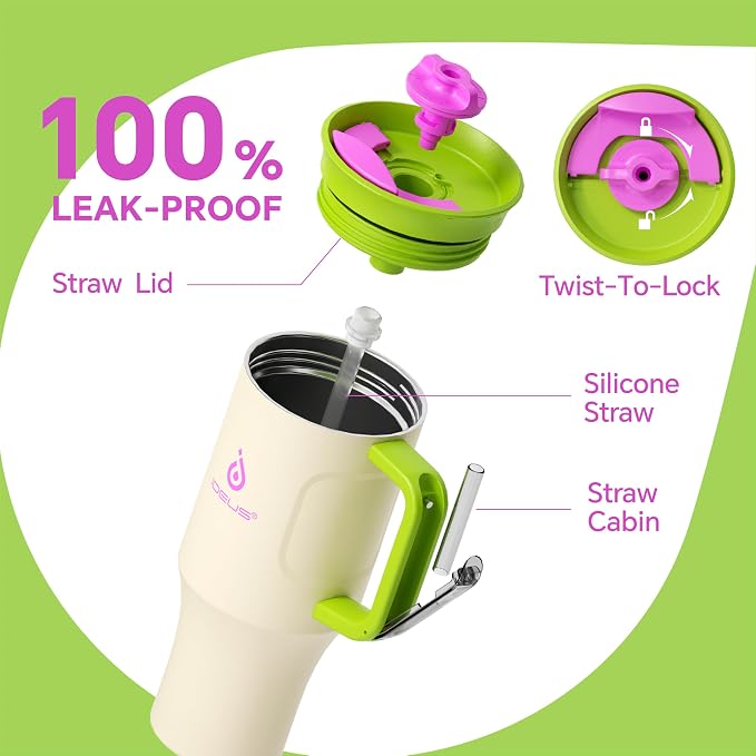 Ideus 32 oz Tumbler with Handle and Straw, Cream White | 100% Leak Proof, Double Wall Vacuum Insulated, Stainless Steel Travel Mug, Cup Holder Friendly