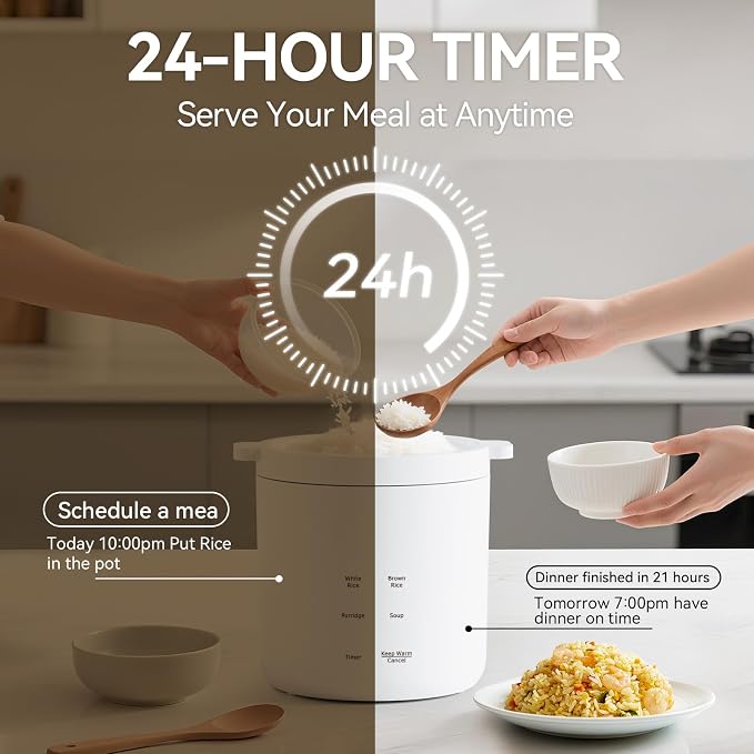 Mini Rice Cooker 2 Cup Uncooked, Small Electric Cooker, with 4 Cooking Functions, 24 Hour Preset and Heat Preservation, Anti Scald Carry Handle | Portable Rice Maker with 4 Cooking Functions, Nonstick Ceramic Coating, 24 Hour Preset, Auto Keep Warm for...