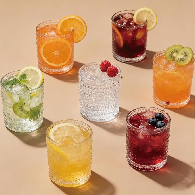 Hobnail Drinking Glasses Set of 8，Includes 12 oz beer glasses and 10 oz cocktail glasses.Kitchen Water Glass Cup,Bar Tumbler Glassware Set for Whiskey, Beer, Cocktail, Juice, Milk