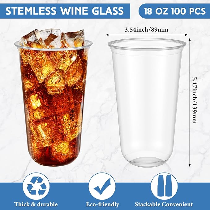 Ziliny 100 Pcs 18oz Plastic Stemless Wine Glasses Disposable, Clear | Plastic Wine Glasses for Parties Weddings Birthdays, Cocktail Drinking Cups, Round Bowl, Bulk Event Supplies