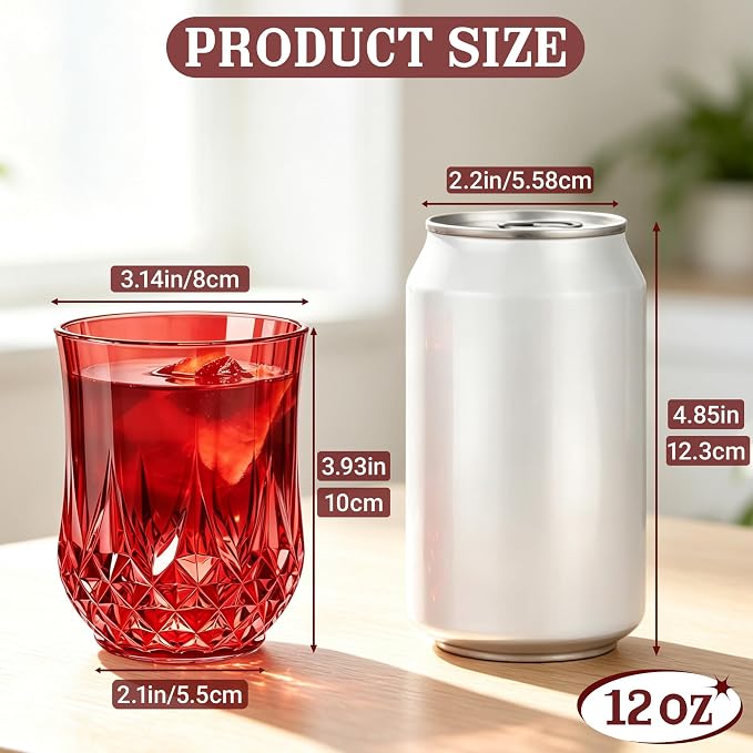 24 Pack 12 Oz Plastic Stemless Wine Glasses, Red | Unbreakable, Reusable, Elegant Vintage Design, Fancy Cocktail Cups, Whiskey, Champagne, Wedding, Party, Bars, Holiday Events