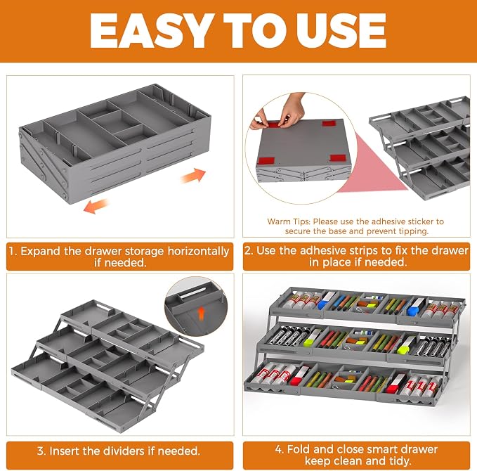 3 Tier Drawer Organizer Versatile Expandable Junk Drawer Organizer Grey | Multi-level Desk Organizer for Makeup, Jewelry, Cosmetics, Kitchen Storage, Smart Office Supply Drawer Storage for Gifts