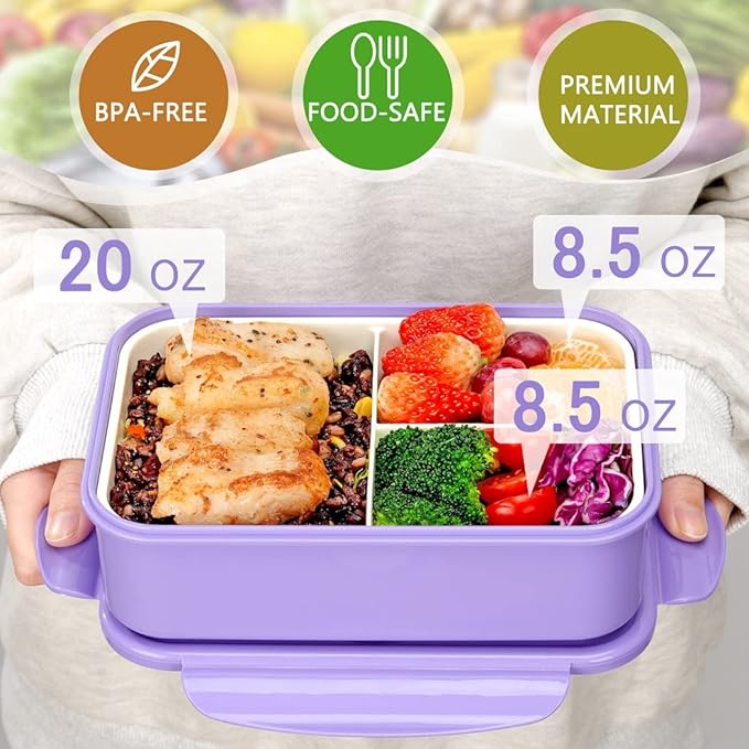 LOVINA Bento Lunch Box for Adults Kids - 1100ML/Built-in Utensil, BPA-Free | Durable, Lightweight Lunch Box Container, Perfect Size for On-the-Go Meal, Food-Safe Materials(Purple)