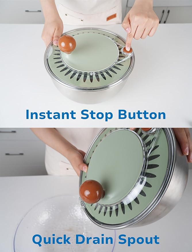 Stainless Steel Salad Spinner, BPA Free, Quick Dry & Stop, 5.3 Qt | Non-Slip Lettuce Veggie Spinner, Drain, Stop Button, Vegetable Fruit Washer, Dishwasher Safe, Also as Serving & Salad Bowl