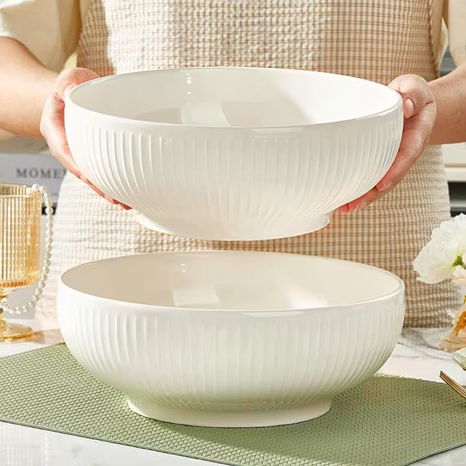 Set of 2 Serving Bowls- 9inch Extra Large Salad Bowls -Porcelain White Serving Bowls for Salad Soup Pasta and Dinner-Large Ceramic Bowl Set for Entertaining