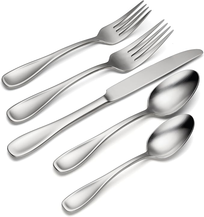 Oneida Brushed Satin Voss 45-Piece Silverware Set for 8, Flatware | silver, dishwasher safe | includes serving spoons and utensil set | cutlery set for kitchen and dining