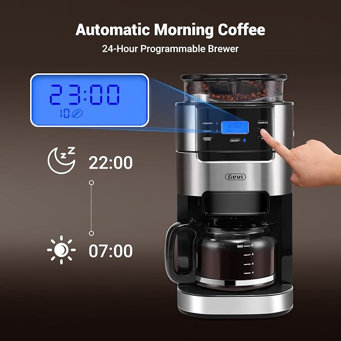 Gevi 10-Cup Grind-And-Brew Drip Coffee Maker with Built-In Burr Grinder | Programmable Timer, 1.5L Water Tank, 2-Hour Auto Keep-Warm, Durable Reusable Permanent Filter for Daily Coffee Brewing