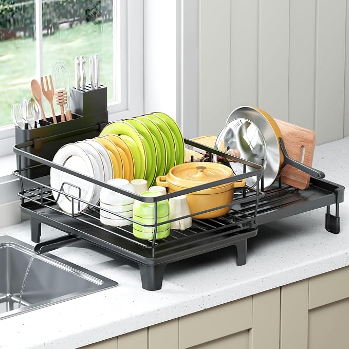 TOOLF Expandable Dish Drying Rack for Kitchen Counter, Black | Extendable 12"-22"W, Fast Draining, Large Capacity, Fits Large Plates, Utensil Holder, 3-4 People Family