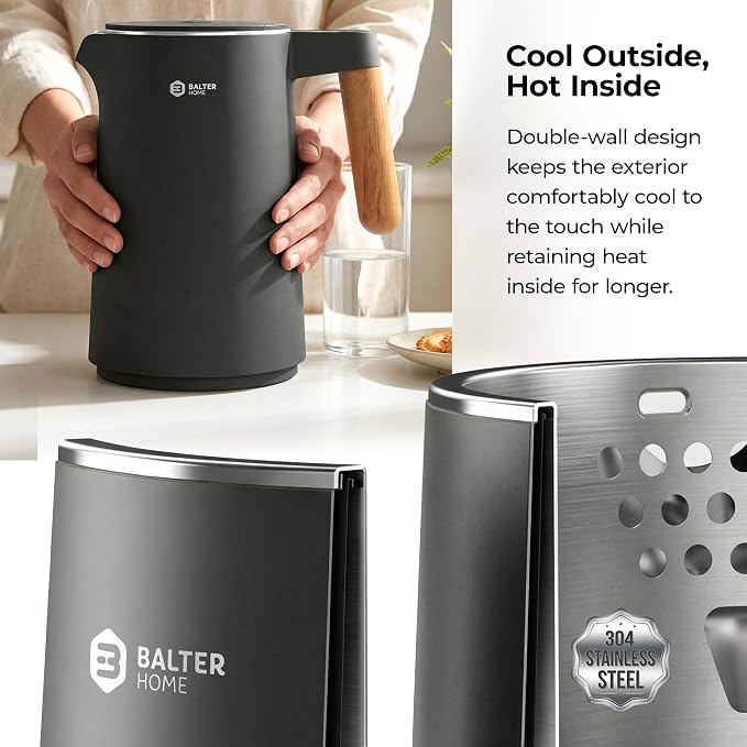 BALTER Electric Kettle with Temperature control, 113 °F – 212 °F, Tea pot, Stainless steel, double wall water kettle, BPA-free, quiet tea kettle, 1.5 L, 2200 W, Blue Gray