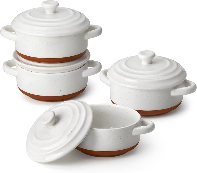 MALACASA 12 OZ Mini Dutch Oven Set, Small Cocotte Set of 4, Ceramic | Ramekins with Handles, Single Serving, Small Casserole Dishes for Oven, Soufflé, French Onion Soup, Oven Safe, Khaki White