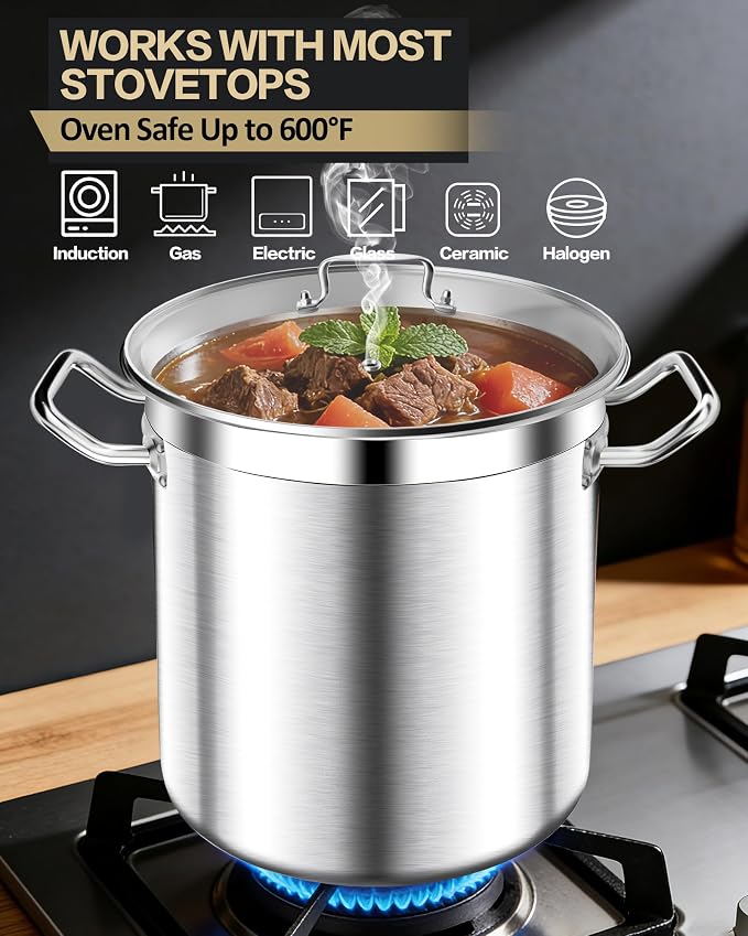 STOCKPOT Stock Pot 20 Quart - Commercial Grade Soup Pot With Lid - Nickel Free Stainless Steel - Polished Stockpots - Heavy Duty Induction Pots