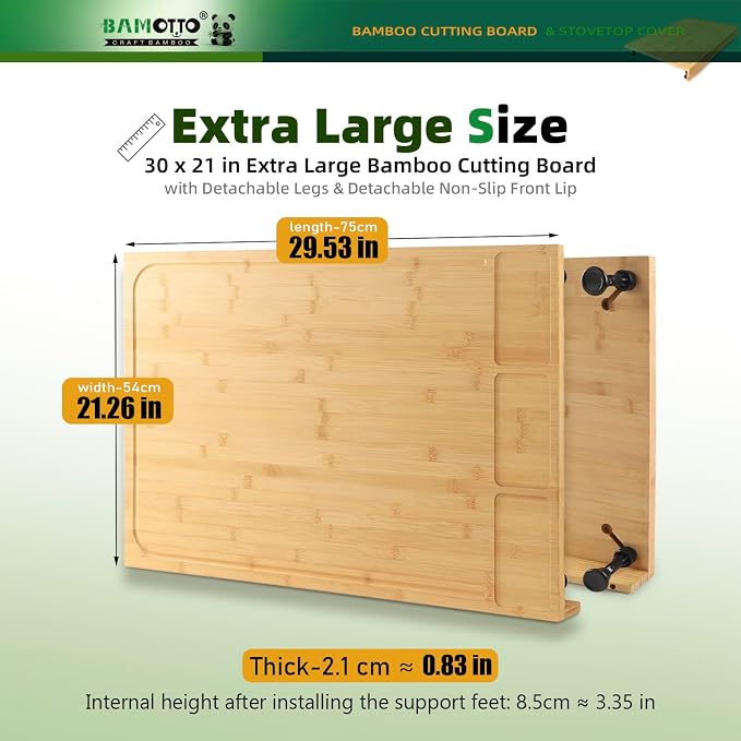 BAMOTTO CRAFTBAMBOO 30 x 21 Inch Extra Large Bamboo Cutting Board — Stovetop Cover, Over the Sink Board, Noodle Board, Butcher Block, Charcuterie Board with Detachable Legs & Non-Slip Lip