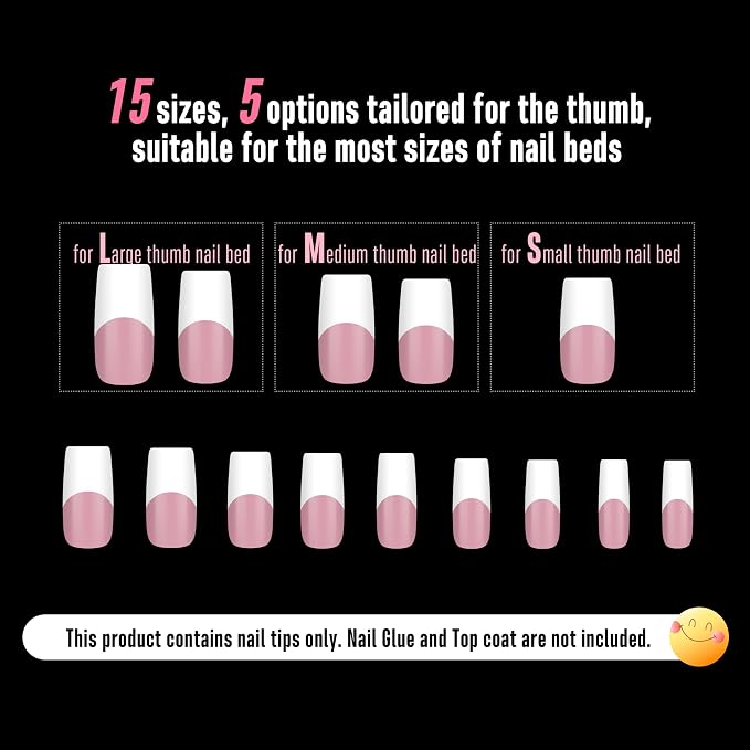 NOVO OVO Old School Retro French Tip Nails Wide White Press on, Medium Length Tapered Square BERRY PINK, Extra Thick Soft Gel Fake Acrylic Extension, Need Builder Gel, Top Coat, Glue 15 Sizes 240 pcs