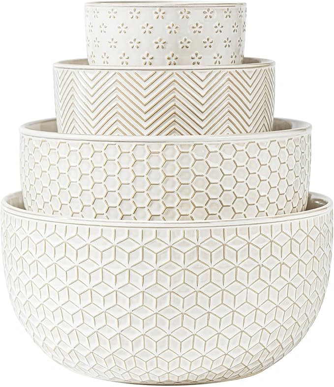 Ceramic Mixing Bowls, Embossed Nesting Bowls Set of 4, Mixing Bowl Set for Serving, Baking, Cooking and Gift, Microwave and Dishwasher Safe, 20/47/99/148 oz, Off-White