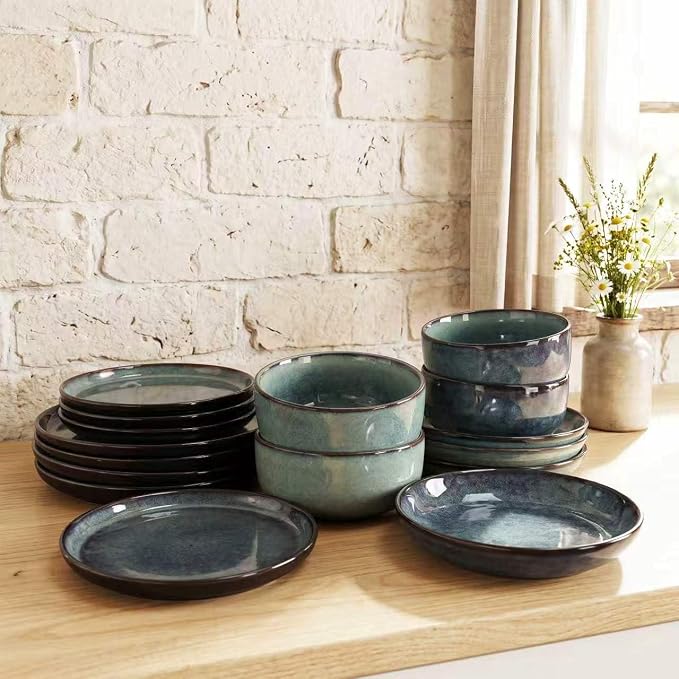 Ceramic Dinnerware Set(16 pcs) Serve 4 people, Plates & Bowls Sets, Reactive Glaze Dishes Set, Chip Resistant and Scratch Resistant, Dishwasher, Microwave Safe, Suitable for dinner, party