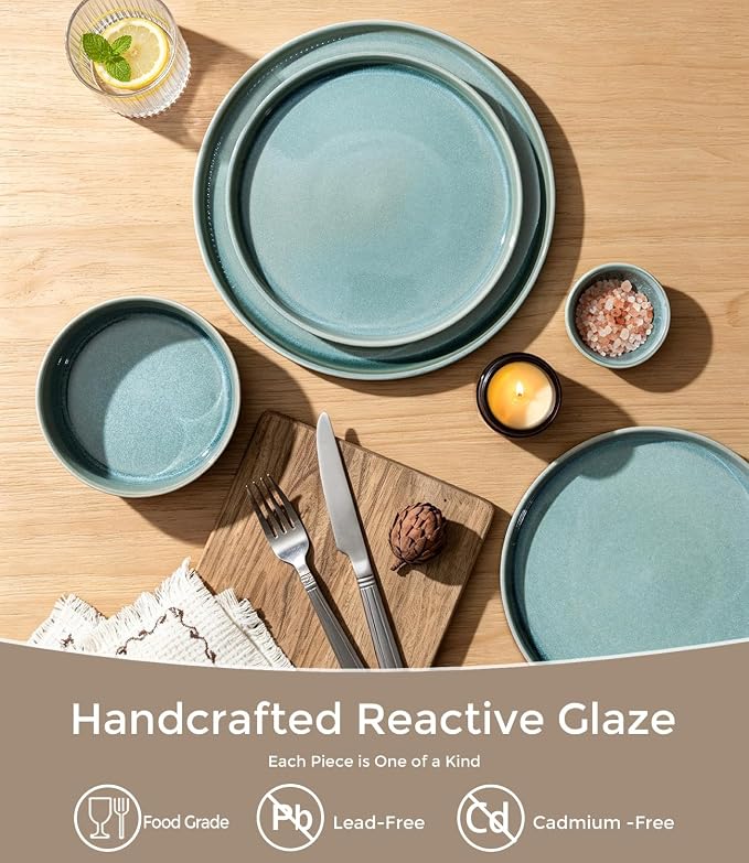 GBHOME Stoneware Dinnerware Sets for 8, 24-Piece Plates and Bowls Set | Handmade Reactive Glaze Ceramic Dish Set, Scratch Resistant, Dishwasher&Microwave Safe,Malachite Green