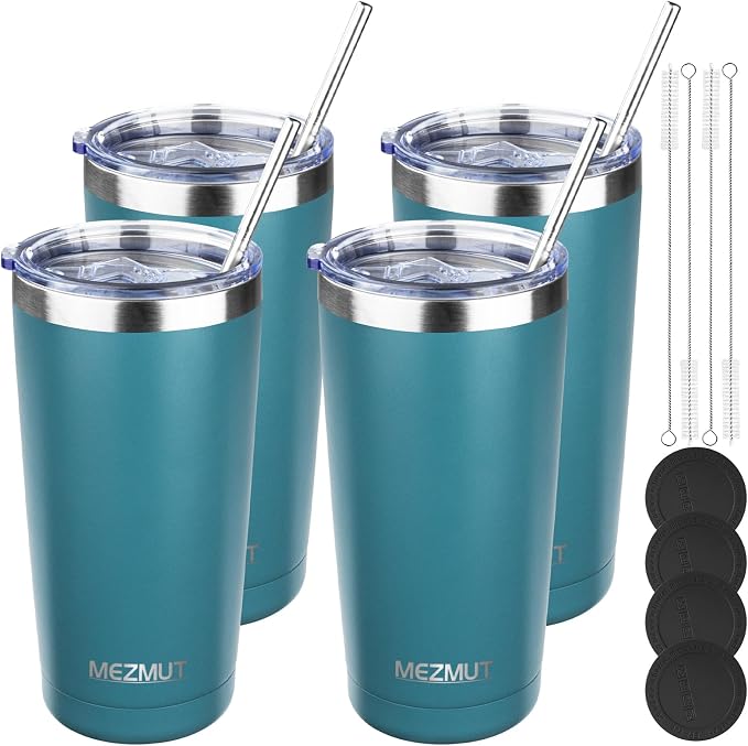MEZMUT 20oz Insulated Tumbler Travel Coffee Mug with Lid(Maya Blue,4 Pack) | Stainless Steel Double Wall Vacuum Spill Proof Metal Tumbler Bulk with Lid and Straw, Hot or Iced Coffee Cup for Man Women