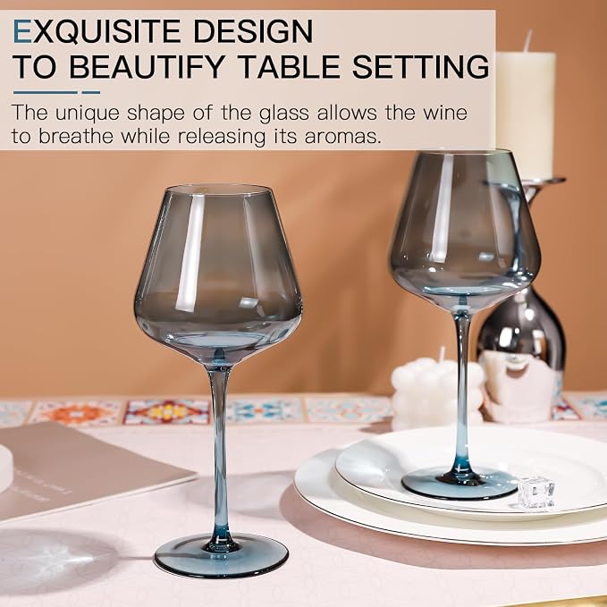 Blue Wine Glass Set of 6-18oz Lead-Free Crystal Burgundy Wine Glasses, Glassware for Parties& Special Occasions