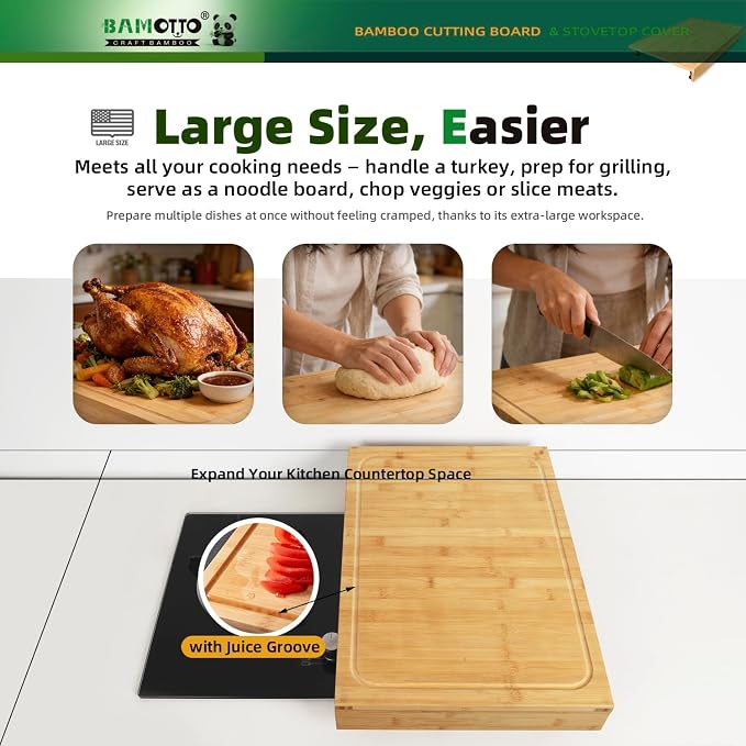 BAMOTTO CRAFTBAMBOO 16 x 22 Inch Bamboo Cutting Board — Stovetop Cover, Over the Sink Board with Detachable Legs & Non-Slip Lip, Juice Groove, Kitchen Countertop Extender for Apartment, RV