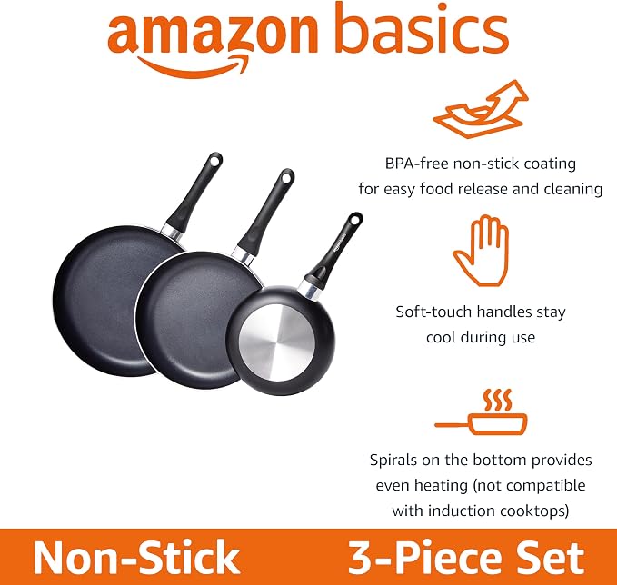 Amazon Basics Ceramic Non-Stick 3-Piece Frying Pan Set, 8 Inch, 10 Inch & 12 Inch, Black