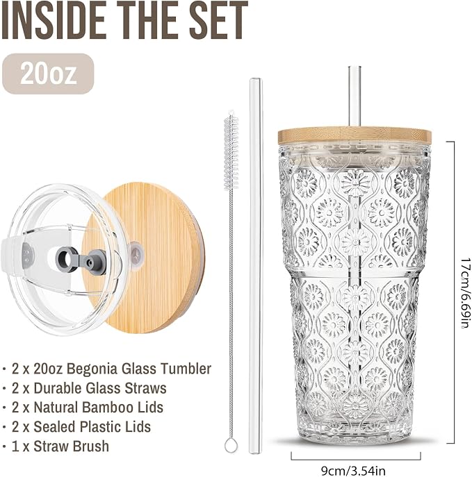 SoulTimes 20oz Begonia Flower Glass Tumbler with Bamboo Lid and Straw–Iced Coffee Glasses Cups for Smoothie, Matcha, Juice, Water etc. Leakproof and Reusable Glassware Drinking for Travel To Go [2Pcs]