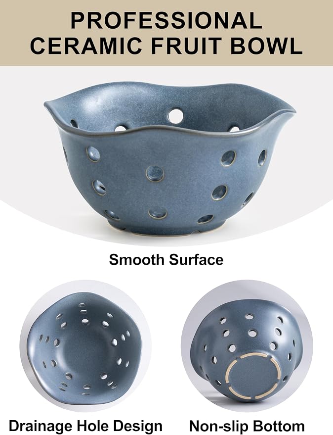 Gomakren Fruit Basket Set of 2, Ceramic Fruit Bowl Berry Basket with Holes, 7.6 Inch Fruit Containers Colander for Fridge - Farmhouse Kitchen Decor, Slate Blue