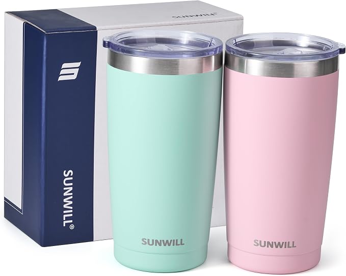 SUNWILL Travel Coffee Mug with Lid, 20 oz Tumbler Set of 2, Insulated Stainless Steel Cup for Water, Tea, Powder Coated Sakura & Mint
