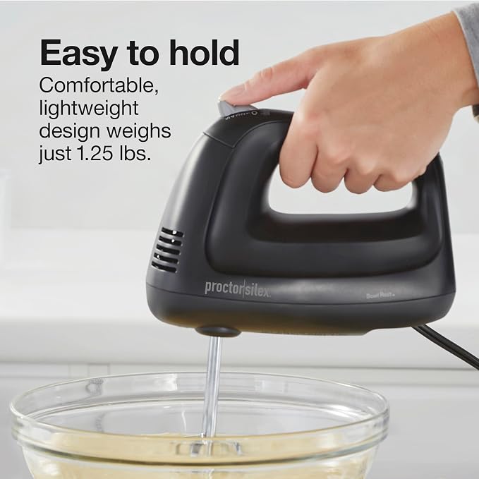 Proctor Silex Easy Mix 5-Speed Electric Hand Mixer with Bowl Rest | Compact and Lightweight | 215 Watts of Peak Power | Snap-On Storage Case | Black | 62512