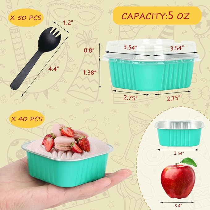 LNYZQUS 5oz Mini Cake Tins with Lids and Spoons, Disposable Brownie Pans | 40 Pack, Aluminum Foil, Square Cupcake Baking Cups, Individual Dessert Containers for Kids Party, Cyan Blue