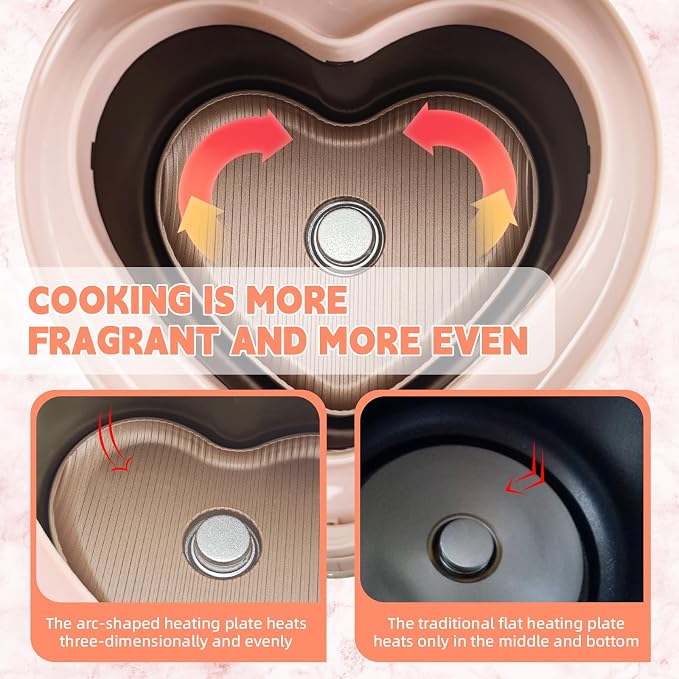 Peach Heart Shape Rice Cooker 8 Cup Cooked, 4 Cup Uncooked Rice, Multifunctional Pink Rice Cooker, 300w, with Preset Timer, 1.8L (Light Pink)