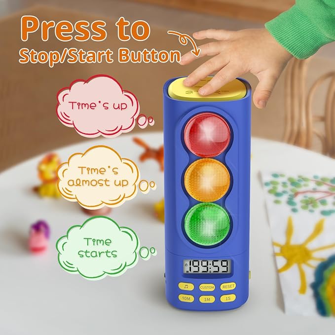 Traffic Light Timer, Custom Countdown, ADHD Tool, Volume & 4 Rings | visual meeting Classroom Desk Kitchen Type C Included Back to School Blue