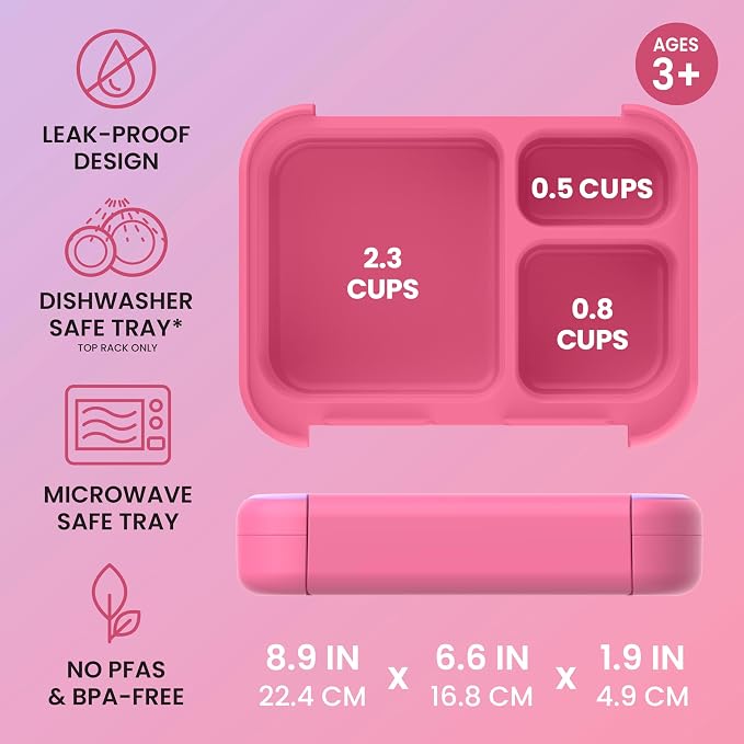 Bentgo Kids Stow & Go Leak-Proof Lunch Box with Built-In Utensil | 3.5-Cup Capacity, Removable Tray, Portion-Perfect Compartments for Kids and Teens, 2-in-1 Spoon & Fork (Lilac Pink)