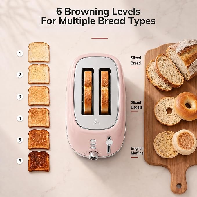 2 Slice Toaster Retro Stainless Steel with Bagel, Cancel, Defrost Function and 6 Bread Shade Settings Bread Toaster, Extra Wide Slot and Removable Crumb Tray (Pink)