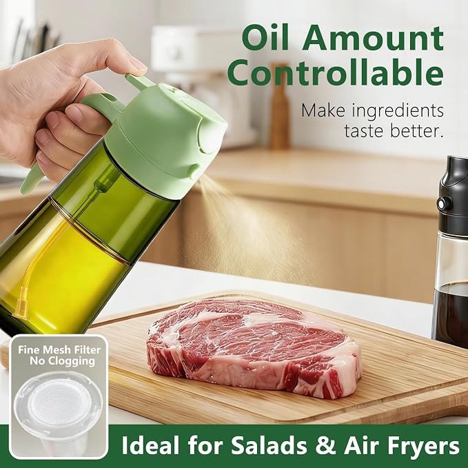 2-Pack Olive Oil Sprayer & Dispenser Bottle for Cooking, Air Fryer, BBQ, and Salad – 2-in-1 Oil Mister Kitchen Accessory