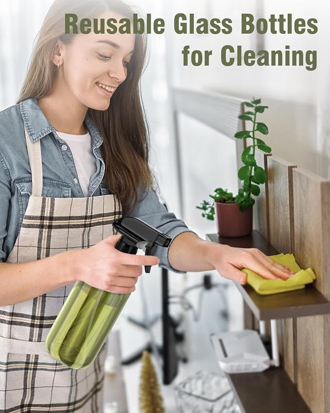 Bontip Glass Spray Bottle 16 oz for Cleaning, Plants (2 Pack, Olive Green | Refillable green spray bottle Set, BPA-free eco glass, With labels and funnel, Great for cleaners, plant misting, hair care