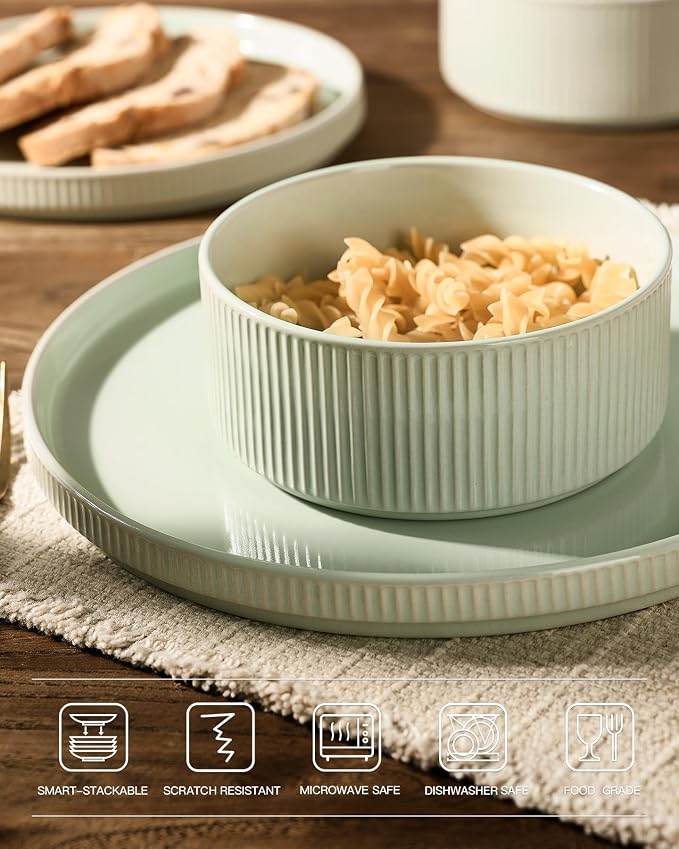 Famiware Ceramic Plates and Bowls Set, Dinnerware Sets, Ribbed Dishes for 4 | 12-Piece Stoneware Dishware, Lipped Edges, Chip & Scratch Resistant, Microwave & Dishwasher Safe, Everyday Use, Light Green