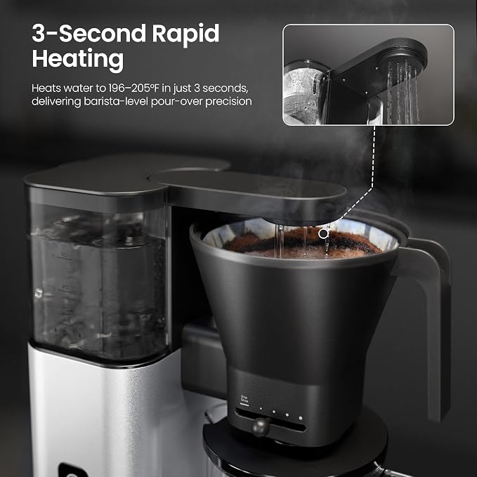 Kismile SCA-Certified 8 Cup Drip Coffee Maker, Pour Over Coffee Machine with 3s Instant Heat 197–205℉, Adjustable Flow Control, Removable Water Tank, Deep Cold Brew & 40 Min Keep Warm (Silver)
