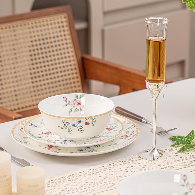 FHGNYSM Bone China Plates and Bowels,12-Pieces Dinnerware Sets, Highly Chip and Crack Resistant, Dishwasher & Microwave Safe Dishes Set, Dense and Translucence