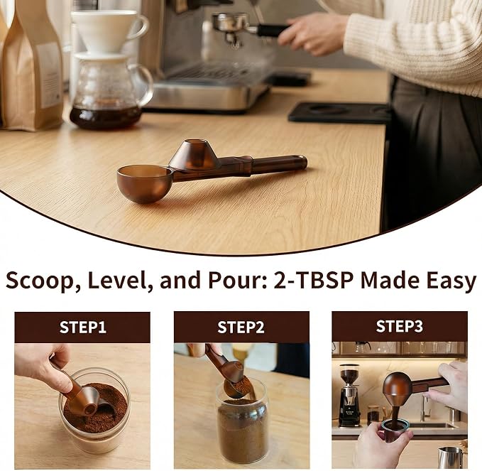 Coffee Scoop with Funnel for Reusable K Cup, 2 TBSP Measuring Spoon | Mess-Free Funnel Design, Sliding Leveler for Precise 2 TBSP, Long Handle for Coffee, Protein Powder & Tea (1-Pack)