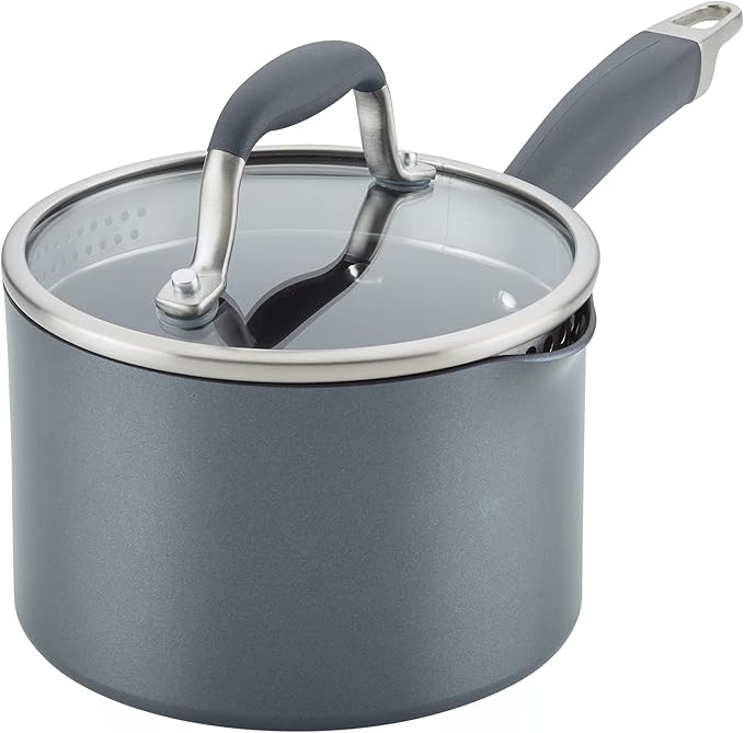 Anolon Advanced Home Hard-Anodized Nonstick Sauce Pan with Straining Lid, 2-Quart, Moonstone
