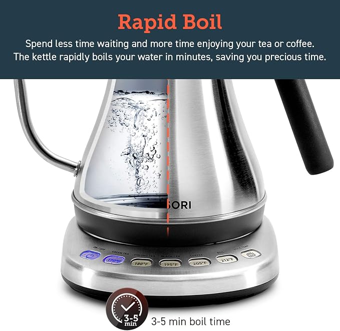 Cosori Gooseneck Electric Kettle with Temperature Control, 0.8L, Silver | No Plastic Contact with Water, 5 Presets, 60-Min Keep Warm, Pour Over Coffee & Tea, Stainless Steel Interior, 1200W